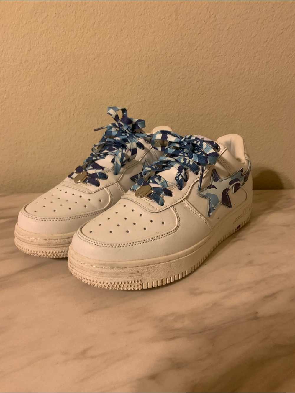 Bape White Leather Sneakers with Blue Camo Star